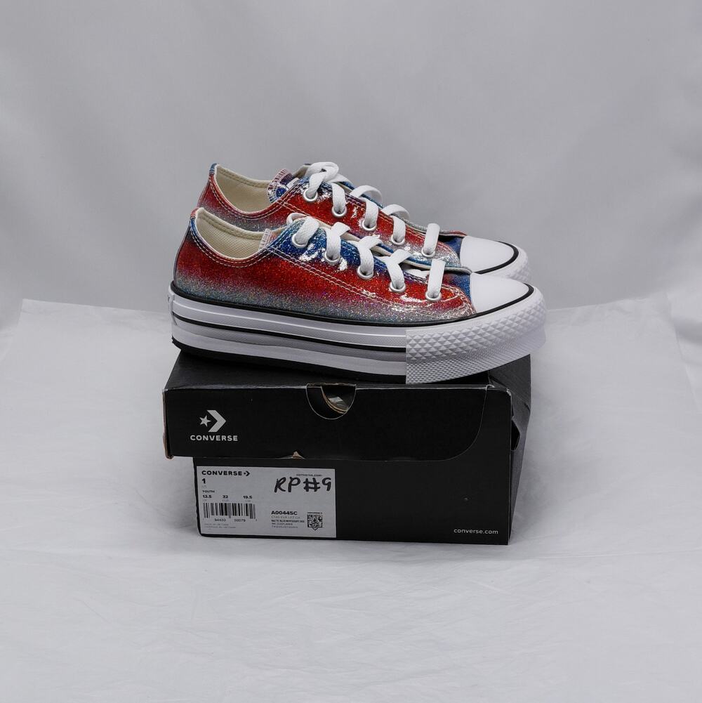 Converse All Star Girls Sneakers Size 1 Red Blue Glitter Low Top Back to School